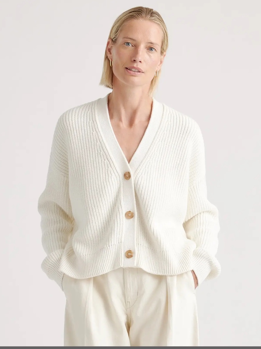 Quince 100% Organic Cotton Fisherman Boxy Cropped Cardigan in Ivory Size Medium